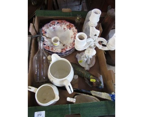 A box of assorted china, including candelabrum, Copeland jug decorated with Ship Recovery Salem, Cappa di Monte model peacock