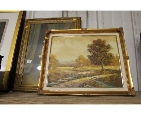 A modern oil on canvas landscape study of a river scene; together with a gilt framed coloured print of a young girl holding s