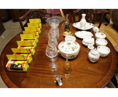 Four glass brandy balloons; together with five glass hand bells; a Goebel model bird; Royal Worcester pot and cover etc. 