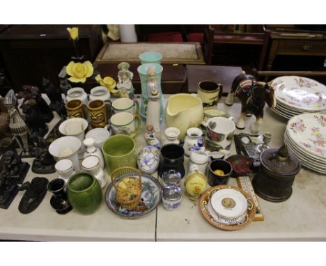 A pair of green glass over painted vases; various other vases; a horse ornament; two Royal Worcester egg coddler's etc.  