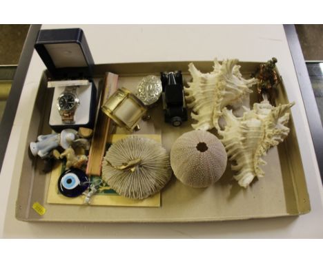 A tray of sea shells; a brass and copper figure; a half pin doll; a clock; etc. 