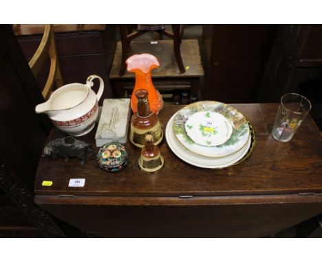 Two Bells scotch whisky decanters; together with an Art Glass vase; and various other china 