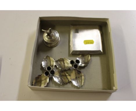A silver engine turned decorated cigarette case; together with a pair of Danish candlesticks; and a modern silver pheasant 