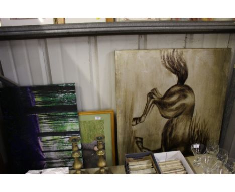 A large painting on canvas of a horse; together with various prints; a print on canvas of a woodland scene etc. 