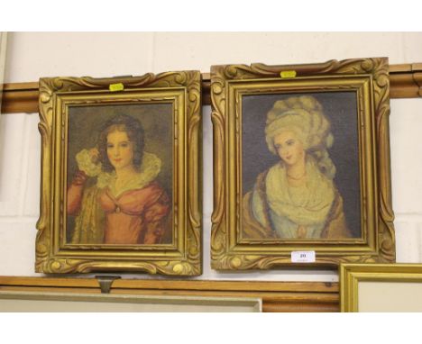 A pair of English school oil on board portrait studies of ladies contained in gilt frames 