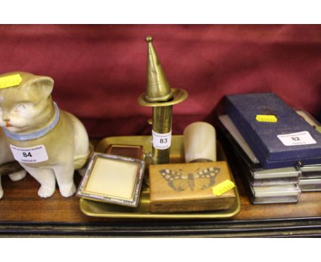 A Victorian brass chamber stick; together with a small horn and silver mounted beaker; a small inlaid stamp box; a micro mosa