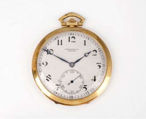 A Zenith 18ct gold open face Art Deco style pocket watch 1940s-50s, the silvered 40mm. Arabic dial signed 'Chronom‚tre Zenith