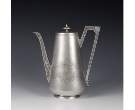 A Victorian silver aesthetic movement coffee pot J. Sherwood & Sons, London 1875, tapered cylindrical form with angular handl