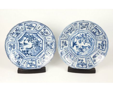 Two Chinese porcelain kraak blue and white dishes from the Hatcher Cargo, mid 17th century, Wanli period, deeply dished with 