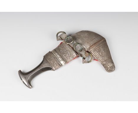 An Omani ceremonial jambiyaprobably 19th century, curved duel edge blade with central rib and horn hilt, the scabbard heavily