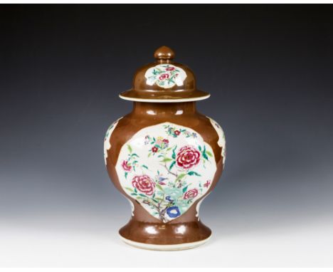 A Chinese export cafe au lait ground famille rose porcelain vase &amp; coverearly 19th century, baluster form with leaf form 