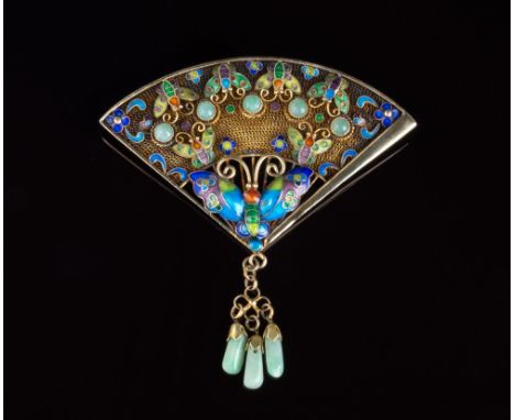 A Chinese silver gilt filigree, enamel and hardstone broochthird quarter 20th century, in the form of a fan, decorated with e