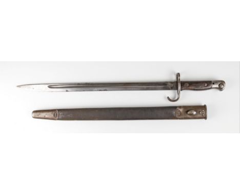 A First World War 1907 Hooked Quillon Pattern bayonet & scabbard, the bayonet features riveted wooden grips and locking lug, 