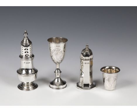 A Victorian silver pepper casterJames Dixon &amp; Sons, Sheffield 1894, of baluster form with bell finial, 4 5/8in. (11.7cm.)