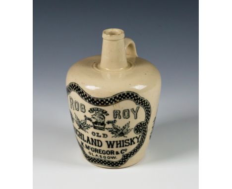 A 19th century Rob Roy Old Highland whisky bottlean all white glazed bottle with front transfer depicting thistles, Rigme tra