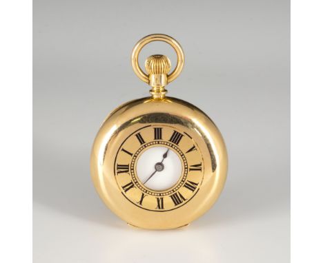 An 18ct gold half hunter fob watch Swiss, early 20th century, with 25mm. white enamel Roman dial and gilt fob wound lever mov