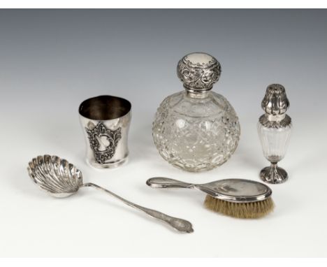 A collection of silver smalls comprising a cut glass silver mounted perfume bottle, London 1908, maker's mark rubbed; a Conti