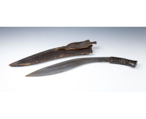 A 19th / early 20th century Kukri knifewith inlaid and metal-banded horn handle, the scabbard with smaller pouch attached con