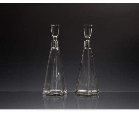 A pair of George V silver mounted Art Deco tapered decantershallmarked James Deakin &amp; Sons, Sheffield 1924, of tapered he