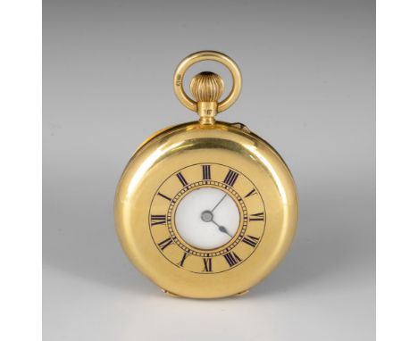 A Victorian 18ct gold ladies half hunter fob watch case hallmarked Henry Williamson, London 1886, with 31mm. white Roman enam