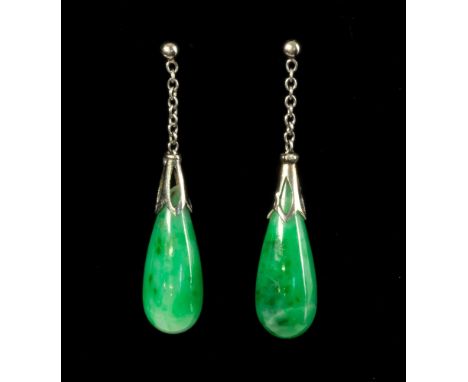 A pair of vintage silver and jade drop earringsmid-20th century, the elongated teardrop shaped jade drops in mottled spinach 