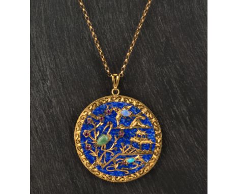 A Chinese 14ct yellow gold, lapis lazuli, opal, jade, turquoise and amethyst pendant the lapis plaque with overlaid gold land