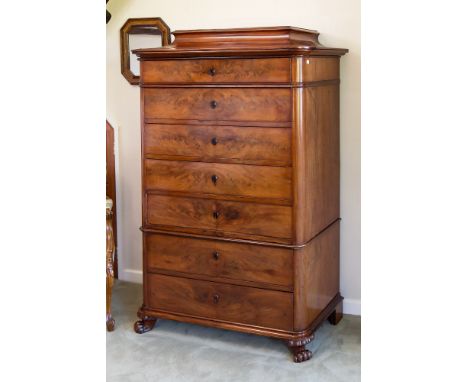 A 19th century French mahogany tallboy chest of seven drawerstri-sectional, removable cornice raised rectangular central sect