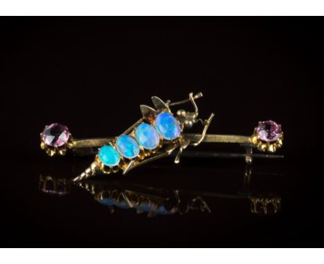 A 9ct gold, opal and pink stone brooch1920s-30s, in the form of a dragonfly larvae, 3.4cm. long.