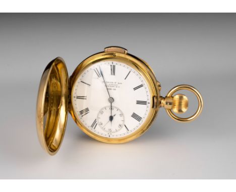 An 18ct gold minute repeater full hunter pocket watch the 42mm. white enamel Roman dial signed 'S. Smith & Son 9 The Strand L