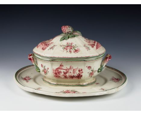 A Malicorne Faience tureen & cover, by Emile Tessier (France, 1887-1971), coloured in pinks & greens on cream ground, globe a