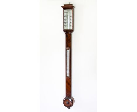 A 19th century mahogany stick barometer by F. W. Morgan, Manchesterthe stepped caddy top over a silvered two part dial signed