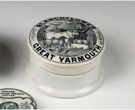 A 19th century black & white pictorial 'Blanchflower Great Yarmouth' pot lid the transferred lid with base titled 'The Farm Y
