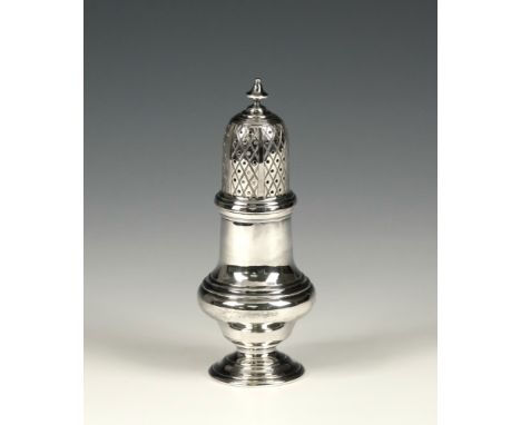 An Elizabeth II silver baluster sugar sifter C. J. Vander, London 1981, the pierced cover with knopped finial, 6¼in. (15.5cm.