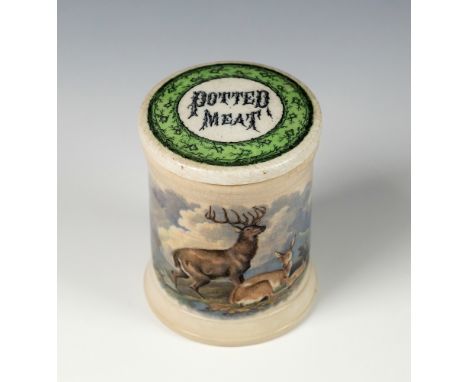 A 19th century Prattware Potted Meat pot 'The Deerstalker' &amp; 'Wild Deer'colour transferred pot with scene of a Deerstalke