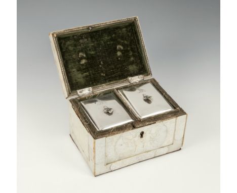 A pair of early George III silver tea caddies in a fitted Chinese carved mother-of-pearl caddyWilliam Lestourgeon, London 176