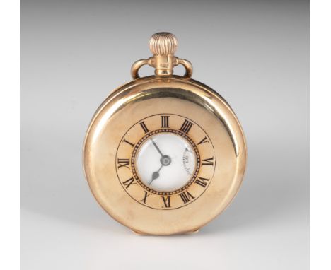 A 9ct rose gold half hunter pocket watch hallmarked Birmingham 1923, the 41mm. white Roman enamel dial with subsidiary second