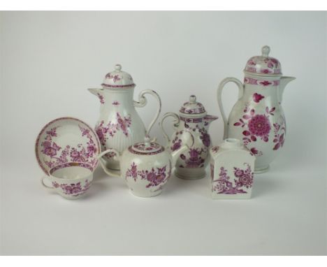 A Meissen porcelain tea and coffee service 18th century, painted in puce camaieu with floral bouquets and gilded detail, comp