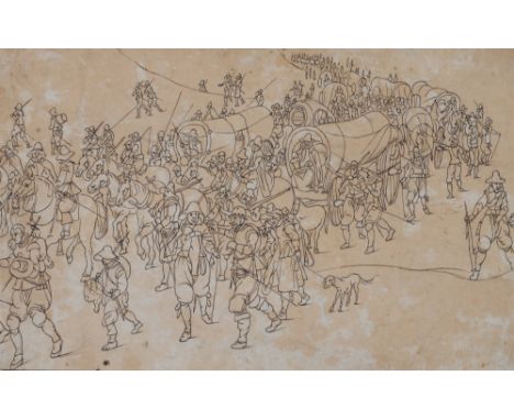 Follower of Pieter Bruegel (C.1525-1569), Army on the March, unidentified collectors mark bottom left, pen and brown ink, 19 