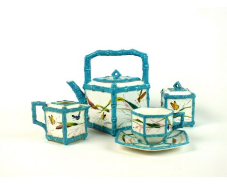 An Aesthetic movement tea service by E J D Bodley (formerly Samuel Alcock &amp; Co) dated 1879, of turquoise bamboo form and 