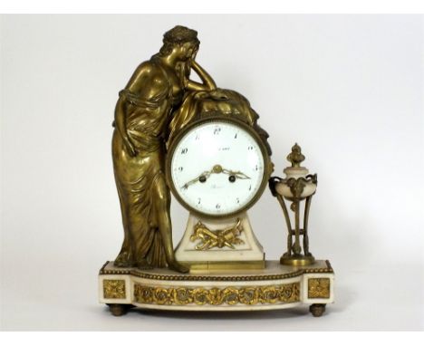 A Louis XVI ormolu and marble mantel clock, the 4.5 inch white enamel dial with Arabic numerals and signed in italic script '