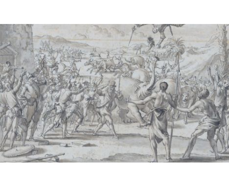 Attributed to Jan Goeree (1670-1731), Easter Tournament, pen and brown ink, 11 x 18cm