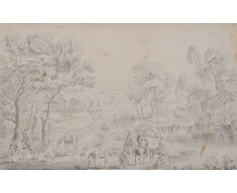 Attributed to Dirk Maes (Haarlem, 1659-1717), Hunting party, pencil and grey wash, 17.5 x 28cm. Provenance: Purchased by the 