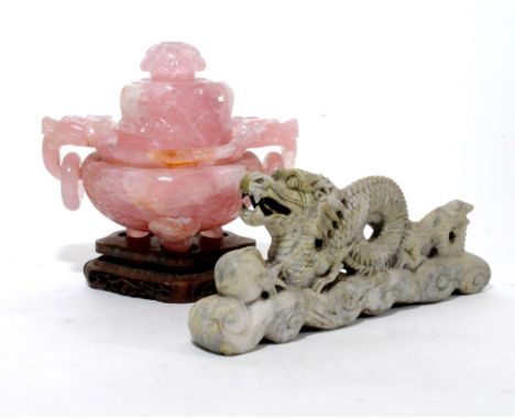 A Chinese rose quartz covered tripod censer, Qing dynasty, of compressed ovoid form with twin dragon head and ring handles, t