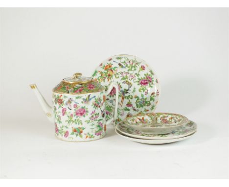 A Canton famille rose porcelain tea pot and cover, Qing dynasty, early 19th century, of cylindrical form with grooved crossov