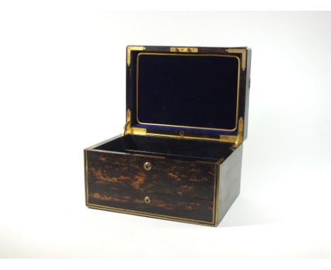 A Victorian coromandel and brass mounted jewellery box and dressing case, the rectangular top with Gothic initialled monogram