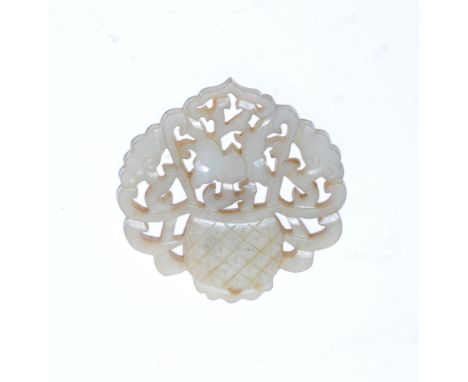 A Chinese pale green jade openwork plaque, Qing dynasty, carved as a basket of lotus and ruyi fungi, the basket with crosshat