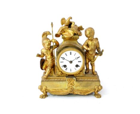 A French Empire mantel clock, early 19th century, the 3 inch white enamel dial with Roman numerals within a ropework bezel, t