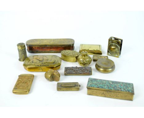 An 18th century Dutch brass and copper tobacco box together with six brass snuff boxes, a brass vesta case with horse racing 