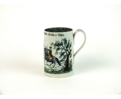 A rare Staffordshire pearlware mug circa 1793-95, "His Royal Highness Frederic Duke of York" mounted on a rearing horse watch