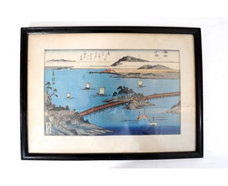 A Japanese woodblock print, view of the Seta river crossing, Edo, dated in pencil on reverse '1859' and inscribed 'Fujatane' 